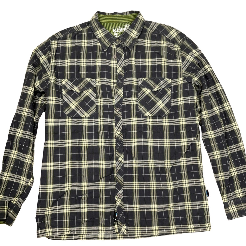 Kuhl Shirt Mens XLarge Black Green Plaid Mountain Grown Flannel Outdoor Cotton